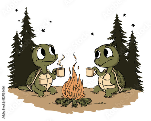 Charming Cartoon Turtles Enjoying Campfire Nights Under Starry Sky