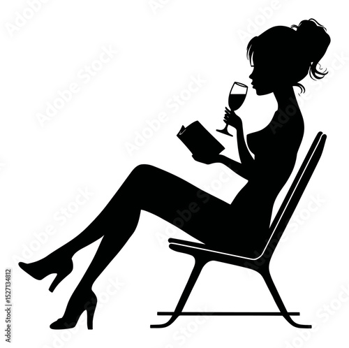 Elegant Silhouette of a Woman Reading with a Glass of Wine