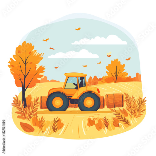2D flat Autumn Hayride Through Fields vector illustration, isolated on a white background.