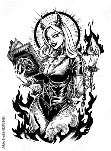 Dark Fantasy Gothic Illustration of a Devilish Woman with Book and Flames