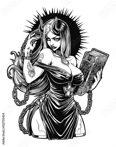 Dark Fantasy Illustration of a Gothic Woman Holding a Grimoire