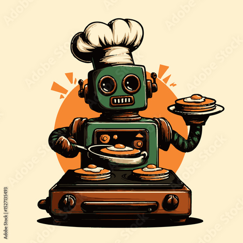 Playful Cartoon Robot Chef with Plates of Eggs in Colorful Illustration