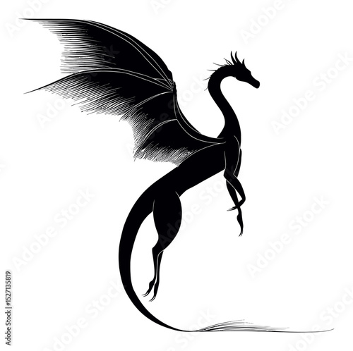 Intricate Hand-Drawn Silhouette of a Majestic Dragon in Flight
