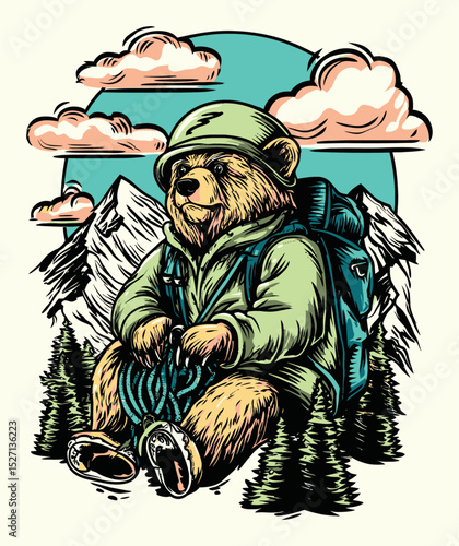 Adventurous Bear Character in Outdoor Setting with Mountains and Clouds