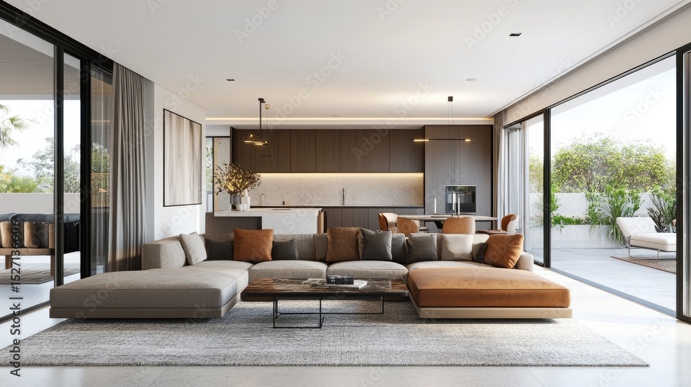 Fototapeta premium Open-plan D apartment design showing living, dining, and kitchen in a cohesive modern style