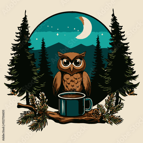 Majestic Owl Sitting by Coffee Mug Under Moonlit Forest Scene
