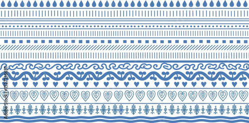 Hand drawn blue stripes on white background. Vector striped seamless pattern. Tropical costal print, cute summer lines, polka dot, flowers, spots, stroke element for textile design,