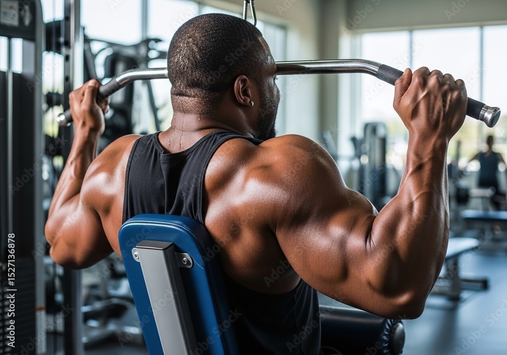 Fototapeta premium Strength training focus on plus size man's back muscles during resistance workout in fitness center