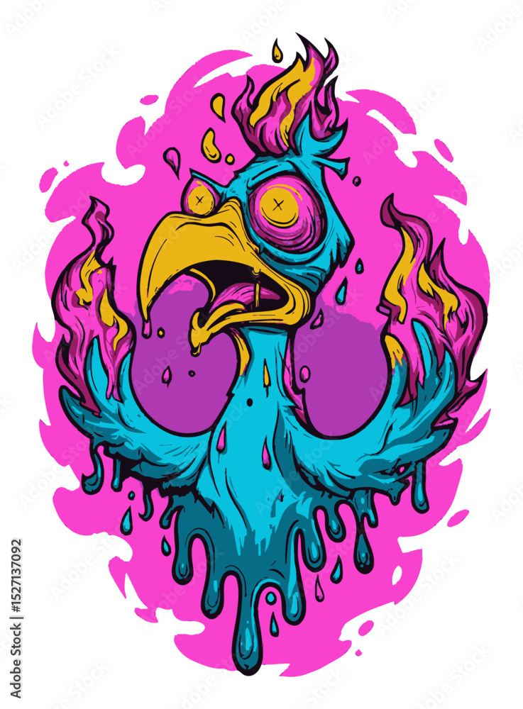 Obraz premium Colorful Cartoon Bird with Flames and Dripping Paint in Vibrant Background