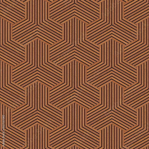 Brown wood grain in the image is a modern and seamless geometric arrangement. Three-dimensional texture, luxury, modern style, suitable for parquet floors, walls, wallpapers, doors, room dividers.