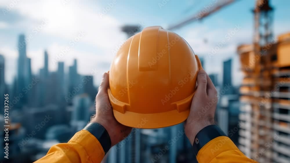 Construction Worker with Hard Hat Showcases Safety and Professionalism in Urban Skyline and Building Industry at Construction Site Construction Worker with Hard Hat Showcases Safety and Professionalism in Urban Skyline and Building Industry at Construction Site