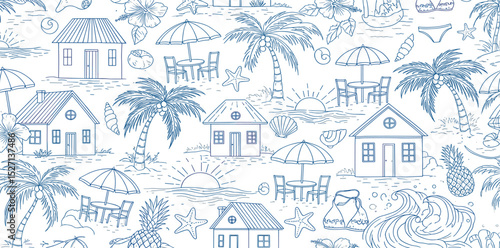 Blue tropical beach seamless pattern. Ink drawing summer vacation print with houses, palms, sea scene, sunset, elements. Cute vector illustration, textile design, exotic wallpaper, repeat background