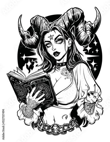 Intriguing Gothic Fantasy Illustration of a Dark Sorceress with Book