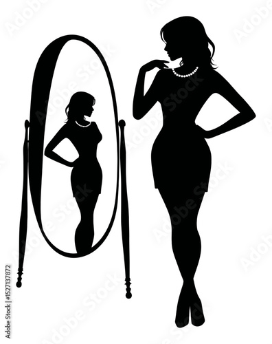 Elegant Silhouette of a Woman in Front of a Mirror with High Fashion Style
