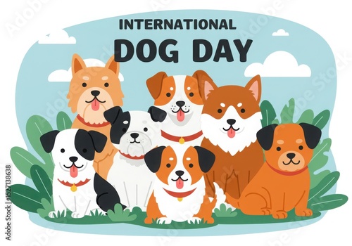 Happy international dog day celebration with cute dogs