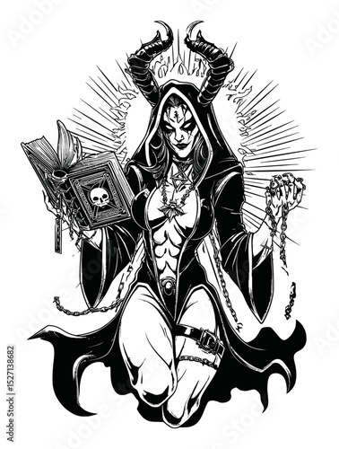 Dark Fantasy Illustration of a Mysterious Witch Holding a Spellbook