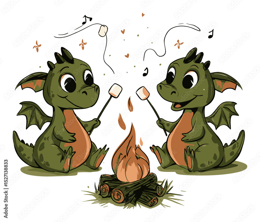 Naklejka premium Cute Cartoon Dragons Enjoying Campfire with Marshmallows and Music Notes