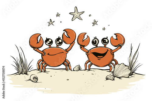 Playful Crabs Celebrate Under the Stars in Vector Art Illustration
