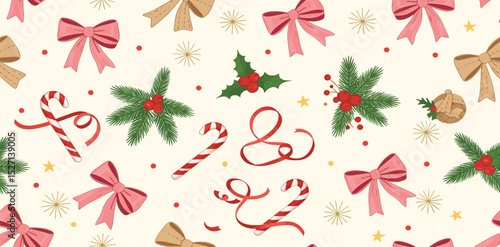 Christmas coquette seamless pattern with pink bows ribbon, cute winter fir branches, stars. Vector New Year holiday print with retro bow knots, floral