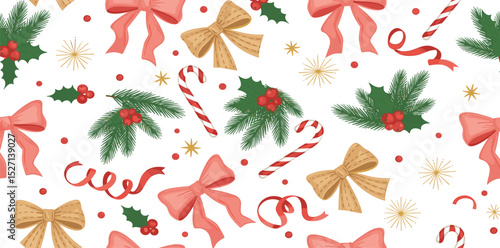 Christmas coquette seamless pattern with pink bows ribbon, cute winter fir branches, stars. Vector New Year holiday print with retro bow knots, floral