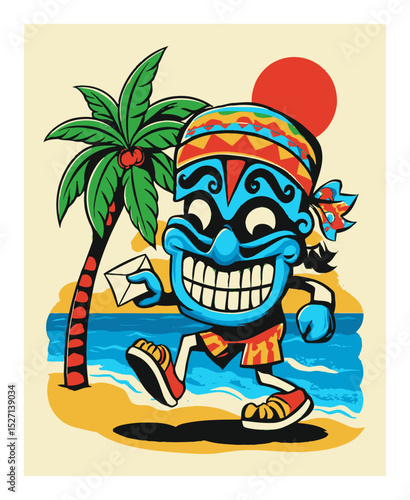 Cheerful Cartoon Character with Tiki Mask on Tropical Beach Scene