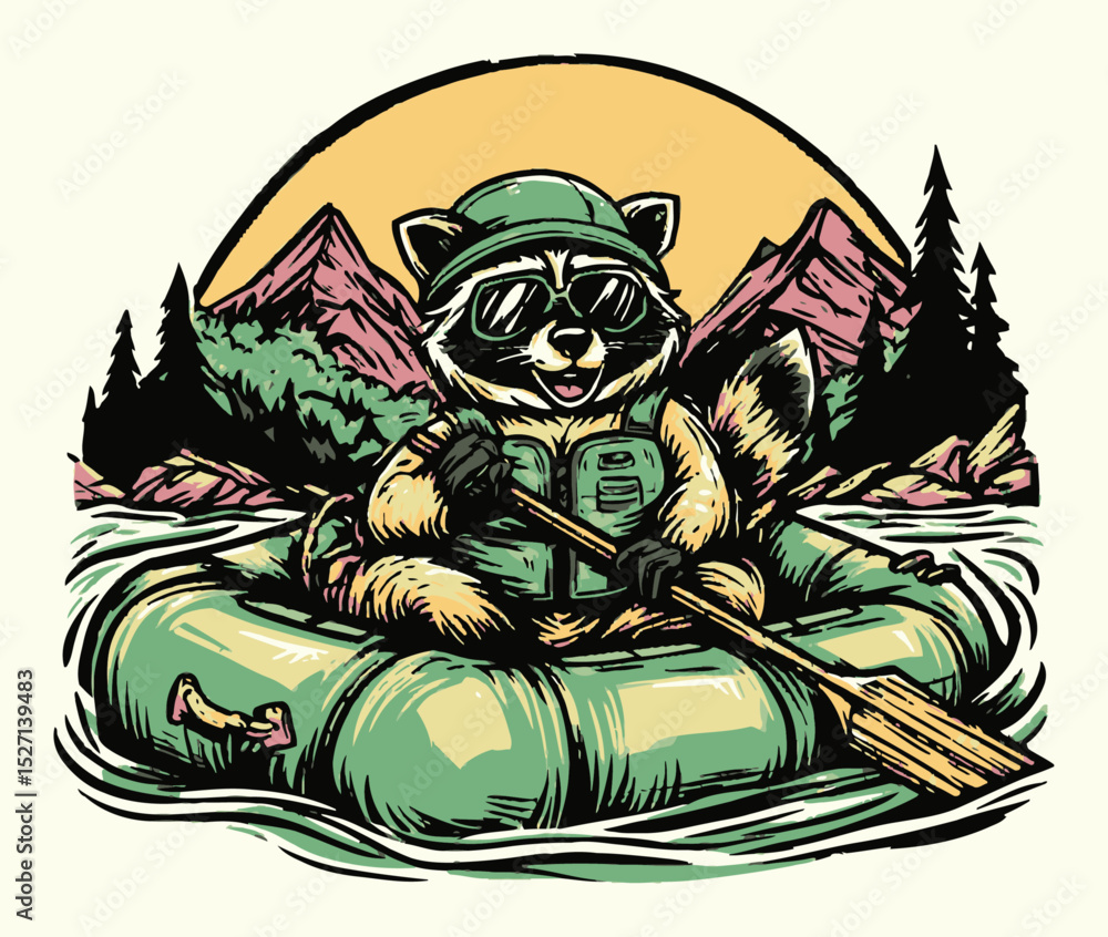 Fototapeta premium Adventurous Cartoon Raccoon in Raft Surrounded by Nature and Mountains