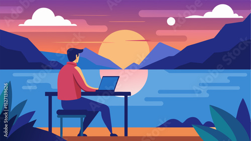 The changing colors of the sunset reflected upon the lake providing a stunning backdrop for the freelancer to complete their tasks at their desk.. Vector illustration