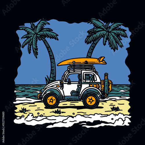 Cartoon Beach Scene with Surfer Car and Tropical Palm Trees