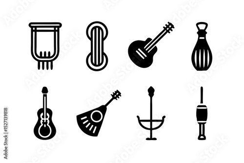 Collection of stringed and percussion musical instrument icons