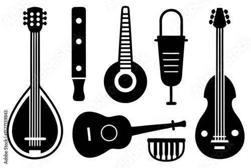 Collection of stringed and percussion instruments