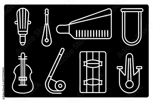 Collection of musical instruments and sporting goods icons
