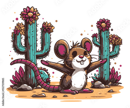 Cheerful Cartoon Mouse Surrounded by Colorful Cacti in Desert Landscape