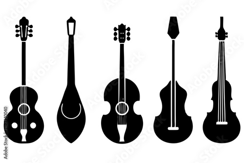 Five silhouette images of stringed instruments