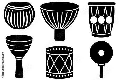 Collection of six black and white percussion instruments