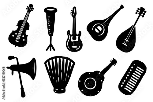 Collection of black and white musical instrument silhouettes