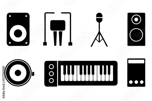 Music studio equipment icons black and white set