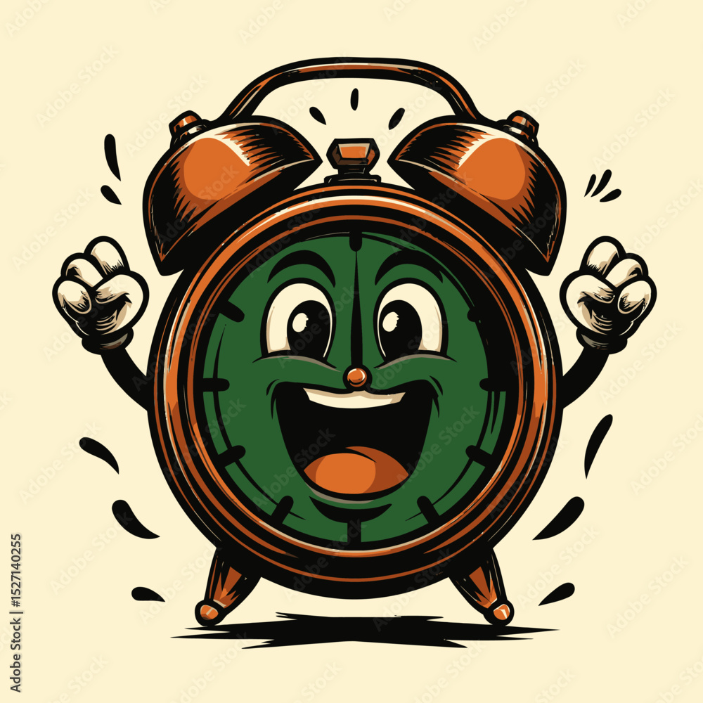 Obraz premium Cheerful Cartoon Alarm Clock Character with Vintage Design and Smiley Face