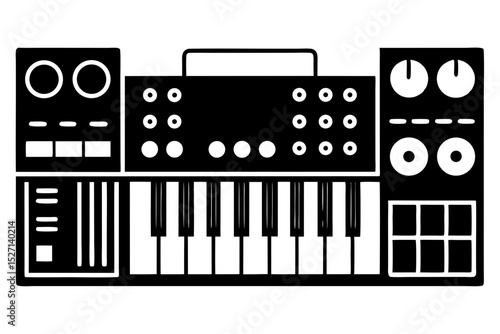 Black and white illustration of a synthesizer keyboard
