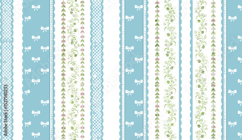 Soft blue striped grandmillennial seamless pattern. Retro gentle cottagecore floral vertical stripes, coquette bows.