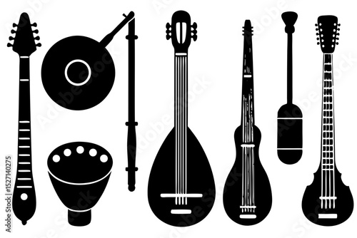 Collection of stringed and percussion instruments