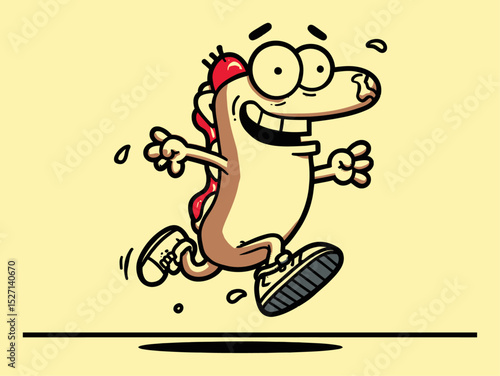 Playful Cartoon Character with Hot Dog Costume Running Cheerfully
