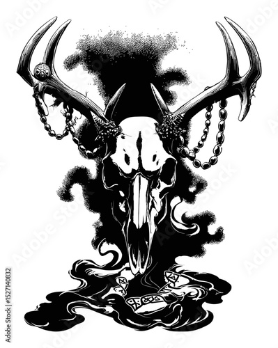 Hand-Drawn Gothic Skull Design with Antlers and Dark Elements