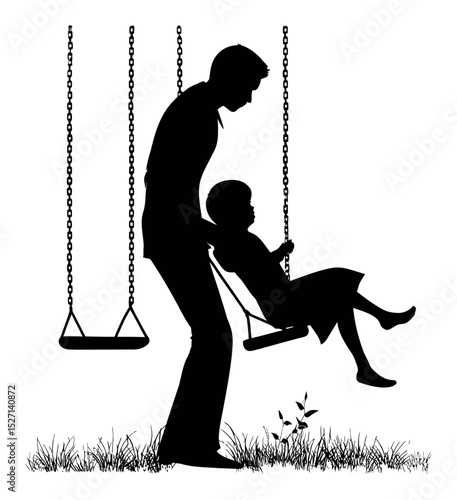 Hand Drawn Silhouette of Parent with Child on Swing Set in Nature