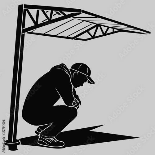 person crouching under shelter silhouette vector design art and illustration