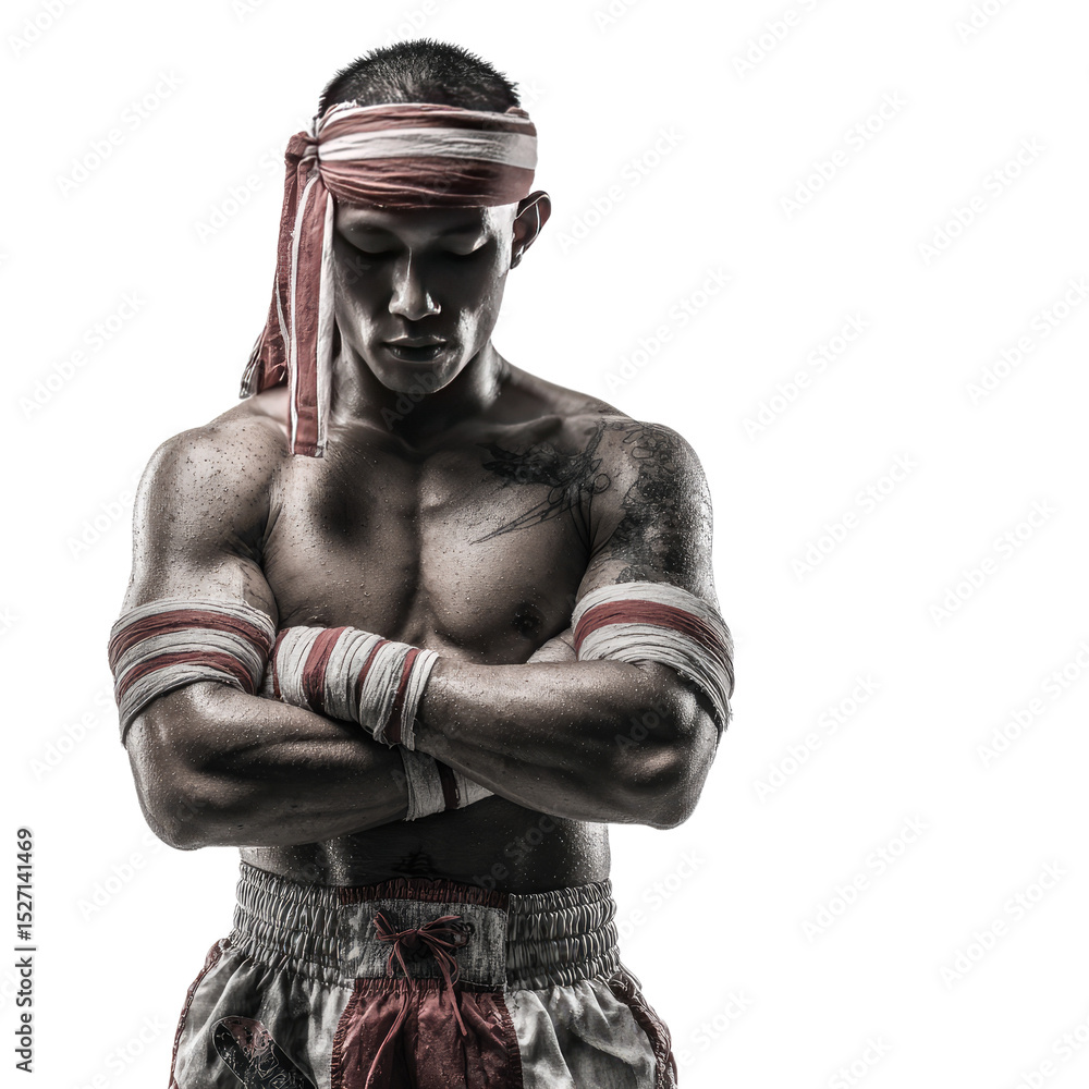 Sweaty Muay Thai Fighter with Crossed Arms and Traditional Headband Sweaty Muay Thai Fighter with Crossed Arms and Traditional Headband