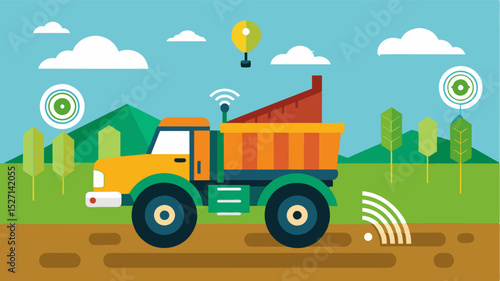 A smart manure spreader that uses GPS and mapping technology to precisely distribute manure onto fields reducing overapplication and nutrient runoff.. Vector illustration