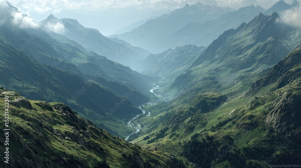 Naklejka premium Idyllic mountain valley vista with flowing river and breathtaking scenery
