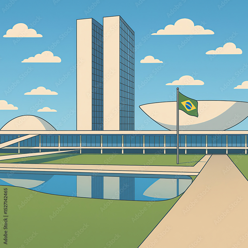 Naklejka premium The iconic National Congress Palace in Brasilia, Brazil, a marvel of modern architecture under a clear blue sky with the national flag flying proudly.