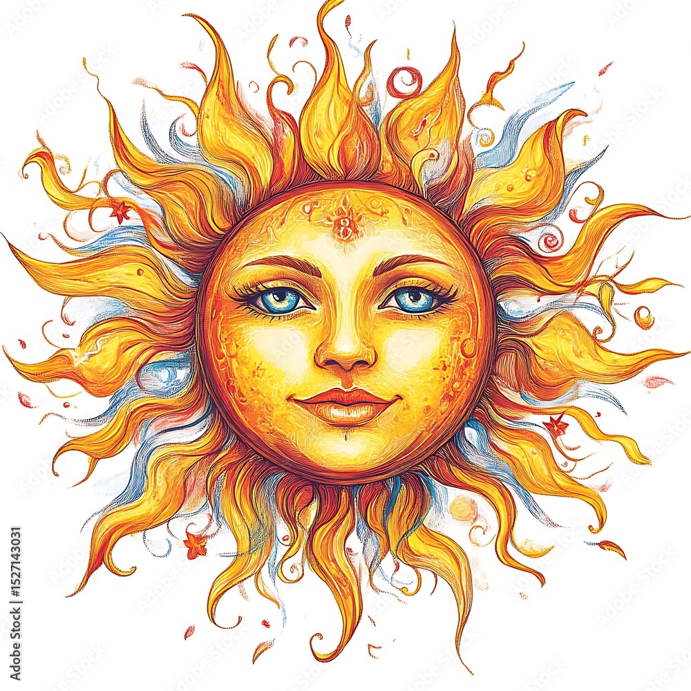 Radiant sun face with swirling, fiery rays Radiant sun face with swirling, fiery rays