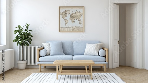 Light blue couch in a bright living room with a world map.